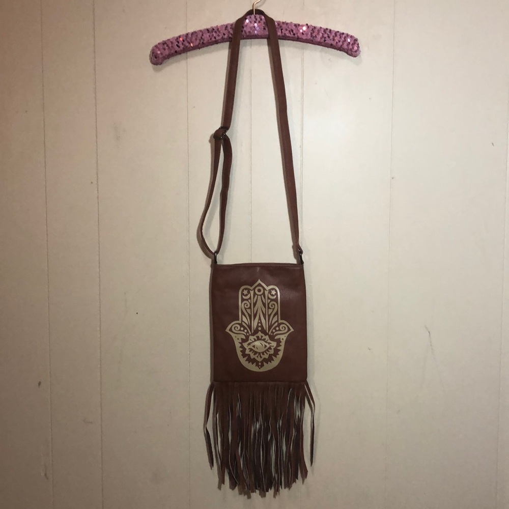 Hamsa brown cross body shoulder bad w/ fringe NWOT